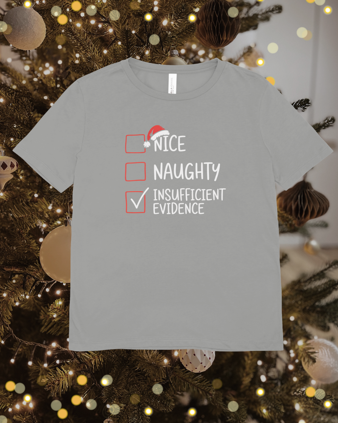Nice, Naughty, Insufficient Evidence” Christmas T-Shirt
